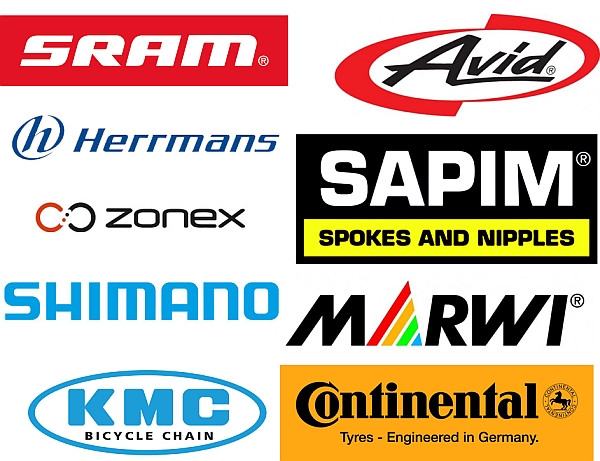 Käytetyt varaosamerkit: SRAM, Avid, Herrmans, Sapim, Zonex, Shimano, Marwi, KMC, Continental
